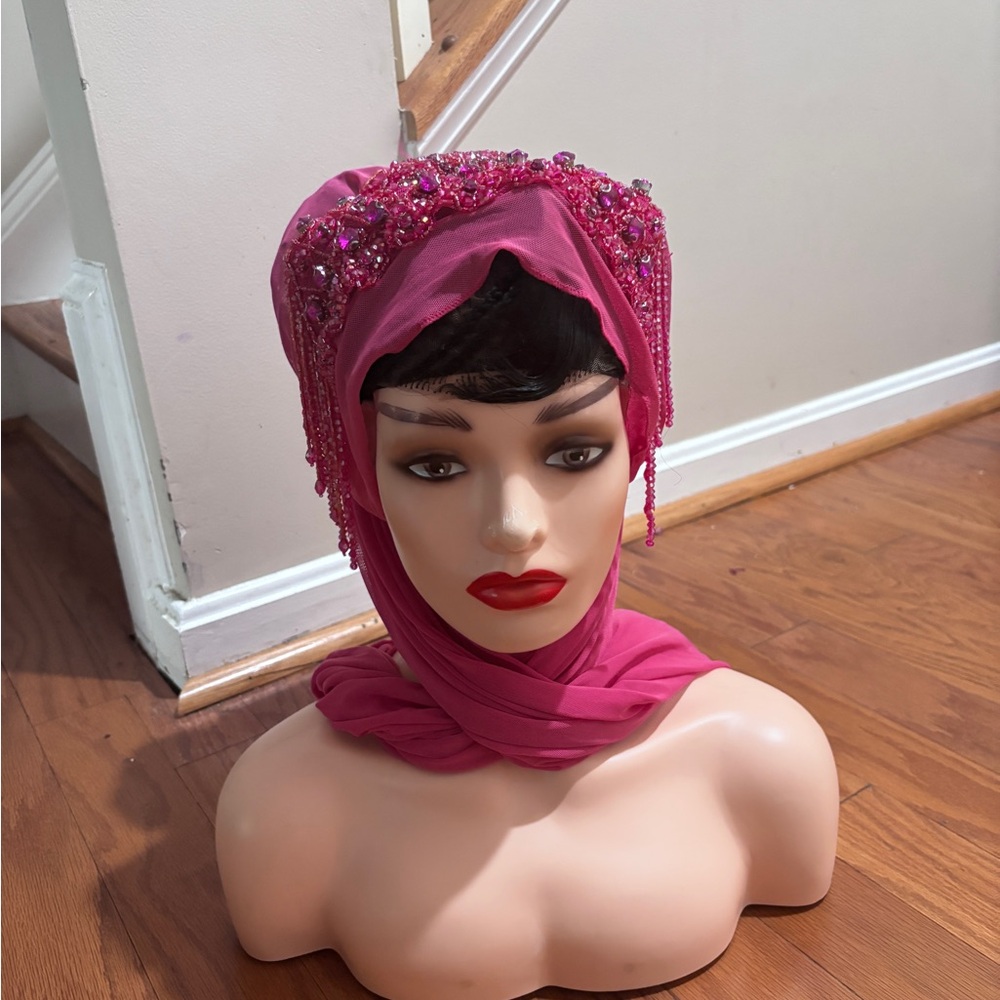 Elegant Pink Beaded Headscarf